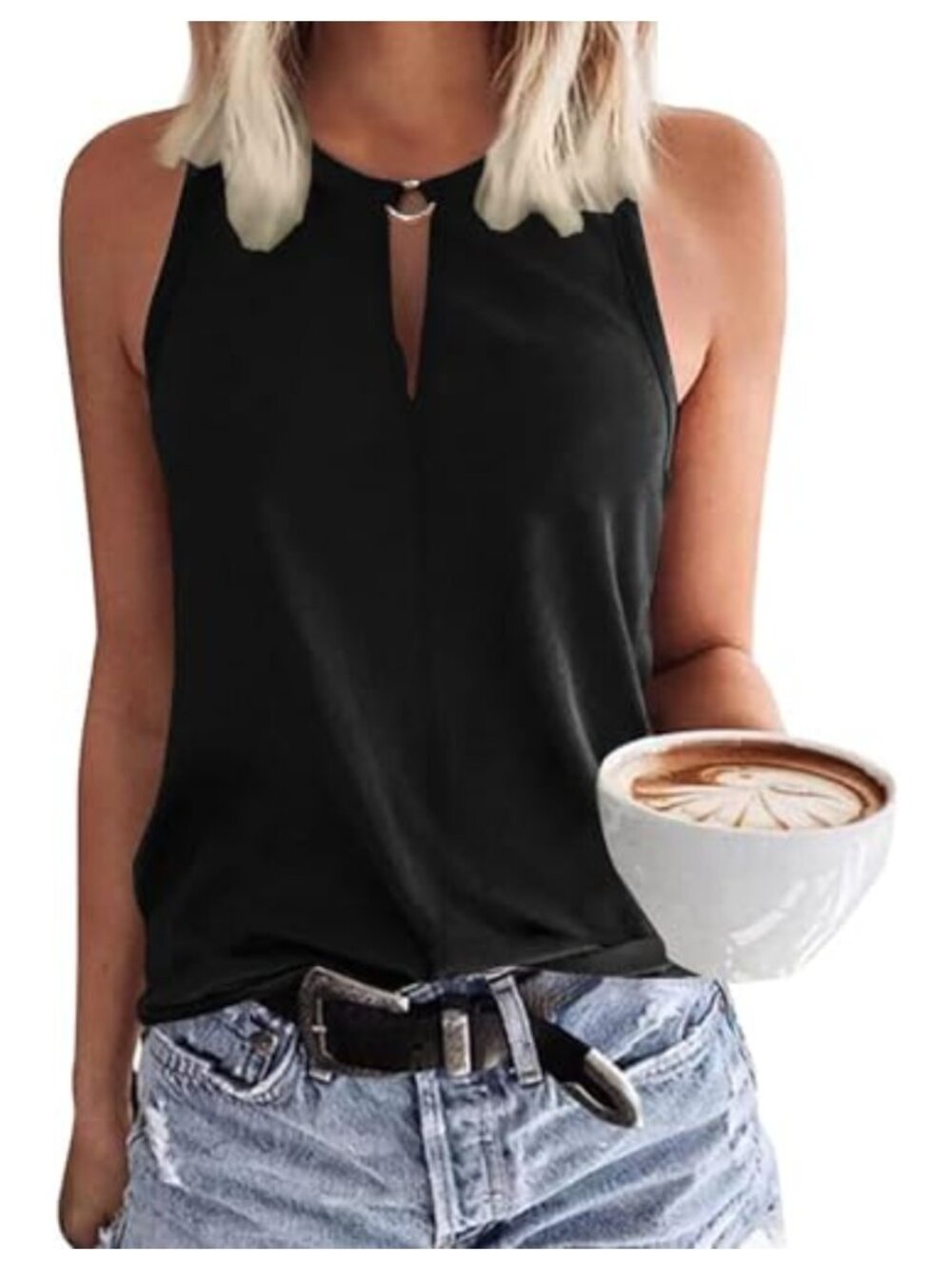Sleeveless Keyhole V-Neck Tank Top - Loose Fit Summer Shirt